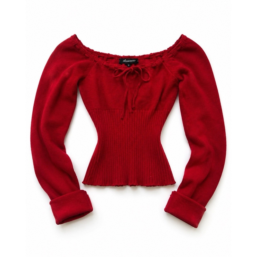 Cherry Red Cashmere Blend Milkmaid Off Shoulder Ribbed Knit Top Coquette Y2K Sml